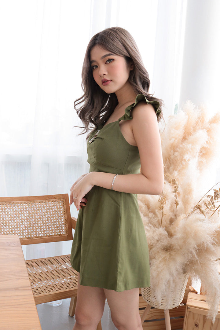 BOLD BUCKLE RUFFLE PLAYSUIT (OLIVE)