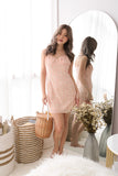OAKE PRINTED RUCHED MINI DRESS (PEACH)