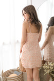 OAKE PRINTED RUCHED MINI DRESS (PEACH)